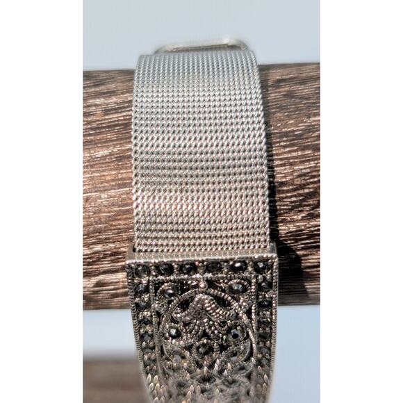 Marcasite Center Piece  Silvertone Mesh Buckle Band Designer Style Bracelet - Picture 3 of 7